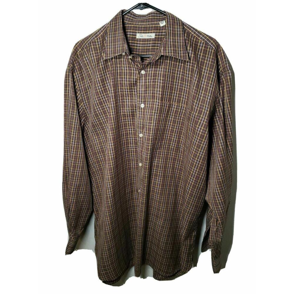 Peter Millar Mens Brown Blue Orange Plaid Check L/S Ctn Btn Down Size Large L